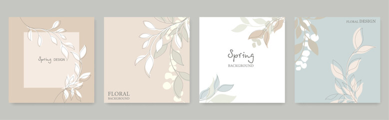 Wall Mural - Floral Background Set. Spring Floral Template with Social Media, Cards, Banners, Posters. Leaves Cards Collection. Vector Illustration for Spring Design, Invitation, Mobile apps, Web