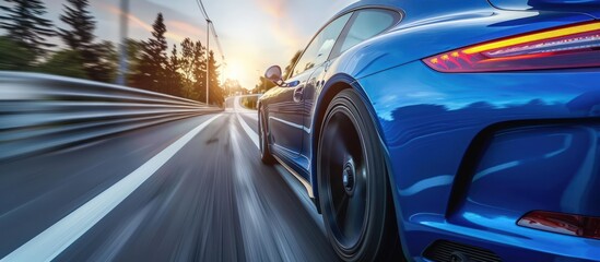 Wall Mural - Rear view of fast blue car on high speedway motion. AI generated image