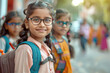 Small indian girls walking home from school. Two happy children on the streets of a city in India, with schoolbags. Education concept for kids