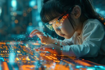 Wall Mural - future technology, augmented reality and cyberspace concept. education new technology. edtech. littl