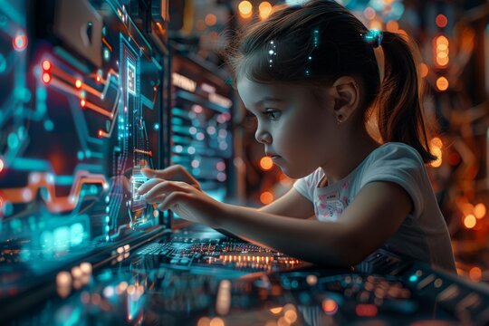 future technology, augmented reality and cyberspace concept. Education new technology. EdTech. Little girl uses a futuristic processor for augmented reality. Science technology concept.