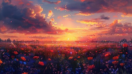Wall Mural - Sunset is in the flower field