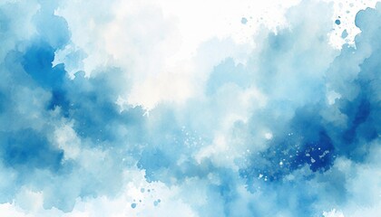 Wall Mural - Artistic light blue, cobalt and white watercolor background with abstract cloudy sky concept. Grunge abstract paint splash artwork illustration. Beautiful abstract fog cloudscape wallpaper.