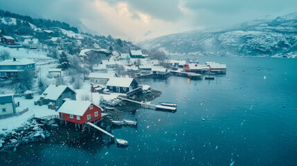 Stunning aerial view of winter fishing village.