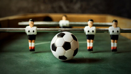 Foosball, closeup of a mini table football game with an old white and black soccer ball, selective focus. Generative Ai.