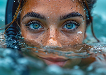 Beautiful young woman ready for diving on tropical holiday vacation.Macro.AI Generative.