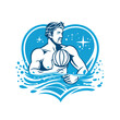 Water polo player with ball in swimming pool. Vector illustration.