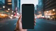In the heart of urban life, a close-up shot captures the detail of a hand holding the latest black iPhone 15, its blank white screen ready for a myriad of possibilities. Set against a dynamic street 
