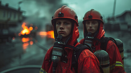 Solemn firemen in uniform, fire extinguishers in hand, ready to put out the fire