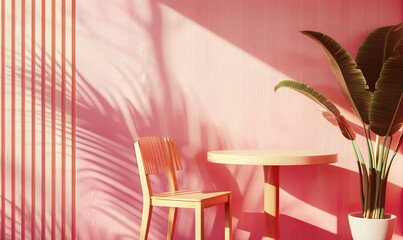 wooden chair near dining table against pink wall. art deco interior design of modern dining room