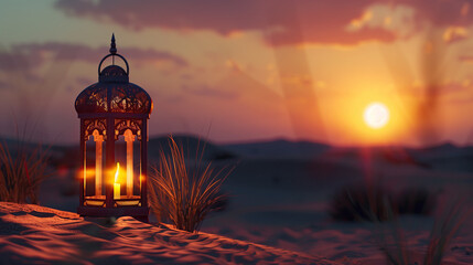 Wall Mural - islamic lantern on the sand dunes at sunset. ramadan kareem banner background. ramadan kareem holiday celebration concept