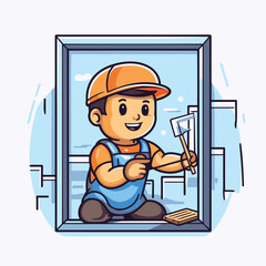 Wall Mural - Cartoon handyman cleaning window. Vector illustration in cartoon style.