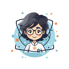 Wall Mural - Vector illustration of a boy in glasses and a white coat. Cartoon style.