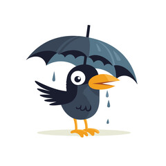 Wall Mural - Cute black crow with umbrella. Vector illustration in cartoon style.