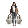 Fashionable young woman with bag in casual clothes on grey background