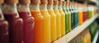 © TheWaterMeloonProjec - A row of bottles lined up, each filled with a unique colored liquid, showcasing a variety of hues including red, green, yellow, and purple. The bottles appear to contain different types of juices or