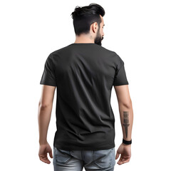 Man in black t shirt with tattoo on his arm isolated on white background