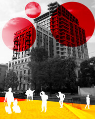 Monochrome image of modern buildings with red design elements and silhouettes of pedestrians. Contemporary art collage. Concept of architecture, real estate marketing, urban style