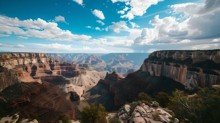 Wall Mural - Breathtaking vista of a majestic canyon under blue skies. stunning natural landscape for travel and adventure. explore the beauty of the earth. AI