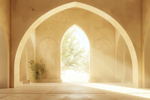 Islamic Arched Room With Sun Lights. Ramadan Kareem Banner Background. Ramadan Kareem Holiday Celebration Concept
