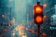 a traffic signal on the side of the street, Bright green and red traffic lights on a damp metropolitan street during a rainy evening commute.