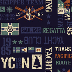 Wall Mural - Nautical marine sailing elements patchwork wallpaper abstract vintage vector seamless pattern grunge effect in separate layer