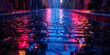 Vibrant blue and magenta lights reflecting on wet streets of the nocturnal city