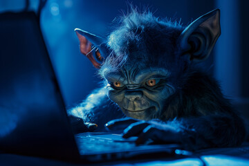 internet troll online trolling using laptop computer in the dark