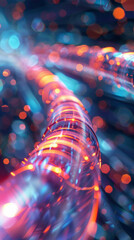 Close up digital illustration of a fiber optic cable light pulses visible representing high speed internet