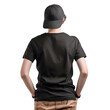 back view of man in black t shirt isolated on white background