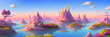 Surreal and dreamlike landscape of floating islands suspended in a pastel-colored sky