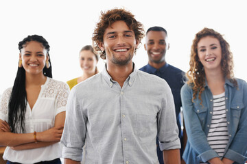 Poster - Business people, portrait and smile with teamwork in office for recruitment, onboarding or hiring process at work. Collaboration, professional workers and face with pride, diversity and creative team