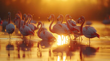 A Group Of Flamingos, With A Serene Saltwater Lagoon As The Background, During A Golden Sunset