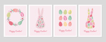 Easter Cards Set In Simple Vintage Design.Easter Bunny And Easter Eggs Vector Llustrations.