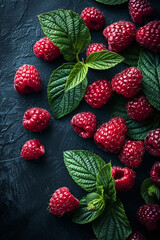 Wall Mural - Top view of fresh raspberries with green leaves