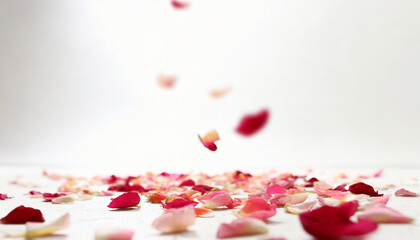 Wall Mural - Red rose petals falling on a white floor