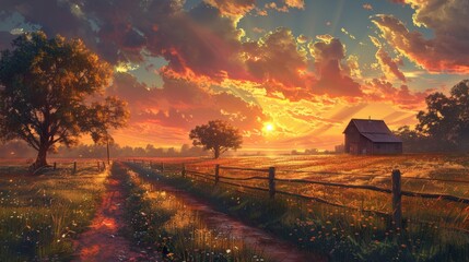 Wall Mural - Depict the peaceful end of a day in the rural countryside, where the setting sun kisses the fields goodnight