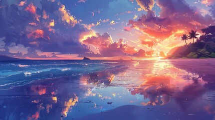 Wall Mural - Illustrate a beach scene at sunset, where the calm sea reflects the vibrant colors of the sky