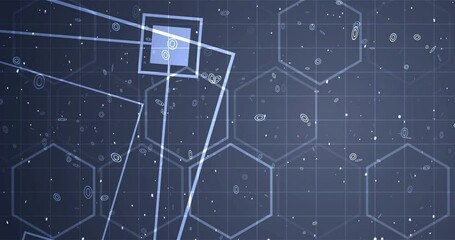 4K Hexagon network with square geometry shapes moving. Innovation science tech loop. Blinking polygons mesh futuristic chemistry molecules atom movement. Global cyber worldwide connections concept bg.