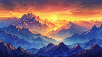  Illustrate the majestic view of mountains at sunrise, with peaks glowing under a golden sky, embodying peace and grandeur