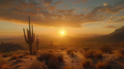 Wall Mural - Visualize the stark beauty of a desert landscape at sunrise, with cacti silhouettes against the glowing sky