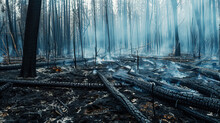 Burnt Forest After A Forest Fire, Black Burnt Trees In The Forest, Consequences Of A Forest Fire