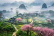 Spring scenery, green mountains in the distance, houses, mist, cherry blossoms, rapeseed fields, field paths, low aerial view landscape photo