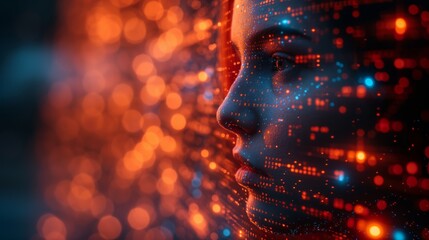 Digital human face profile with glowing data points, representing the intersection of humanity and technology