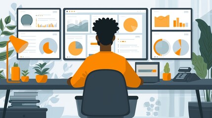 Illustration of data analyst at work with multiple screens displaying charts and graphs, modern office environment
