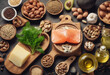 Food sources of omega 3 and healthy fats top view