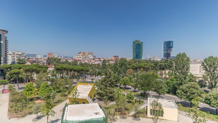 Sticker - Panorama showing cityscape over Tirana with its colorful apartment buildings and skyscrapers timelapse, Tirana, Albania.