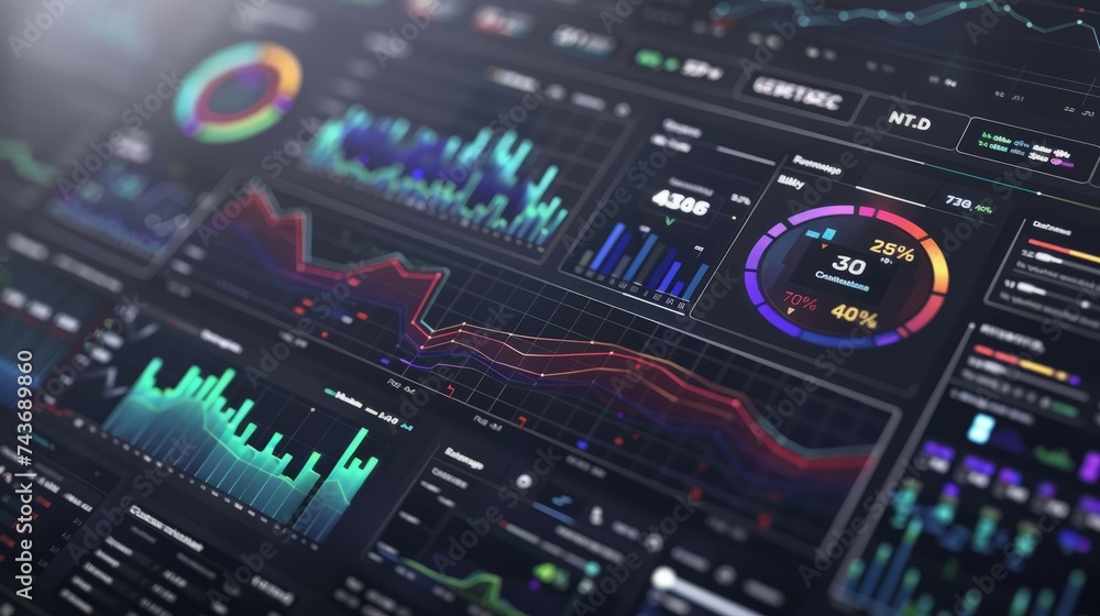 Close-up view of a modern data analytics dashboard with vibrant charts ...