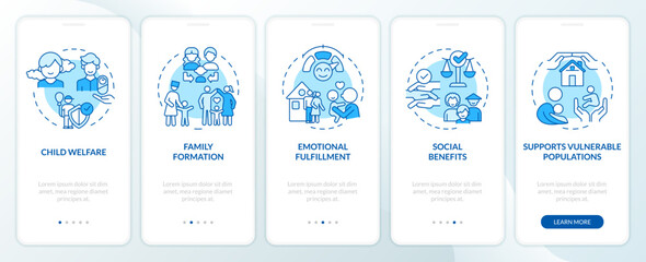 Wall Mural - Benefits of adoption blue onboarding mobile app screen. Reasons walkthrough 5 steps editable graphic instructions with linear concepts. UI, UX, GUI template. Myriad Pro-Bold, Regular fonts used