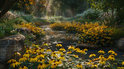 Wall Mural - Black-eyed Susan creating an oasis in a backyard, employing cinematic framing to emphasize the natural colors and create a tranquil scene. 